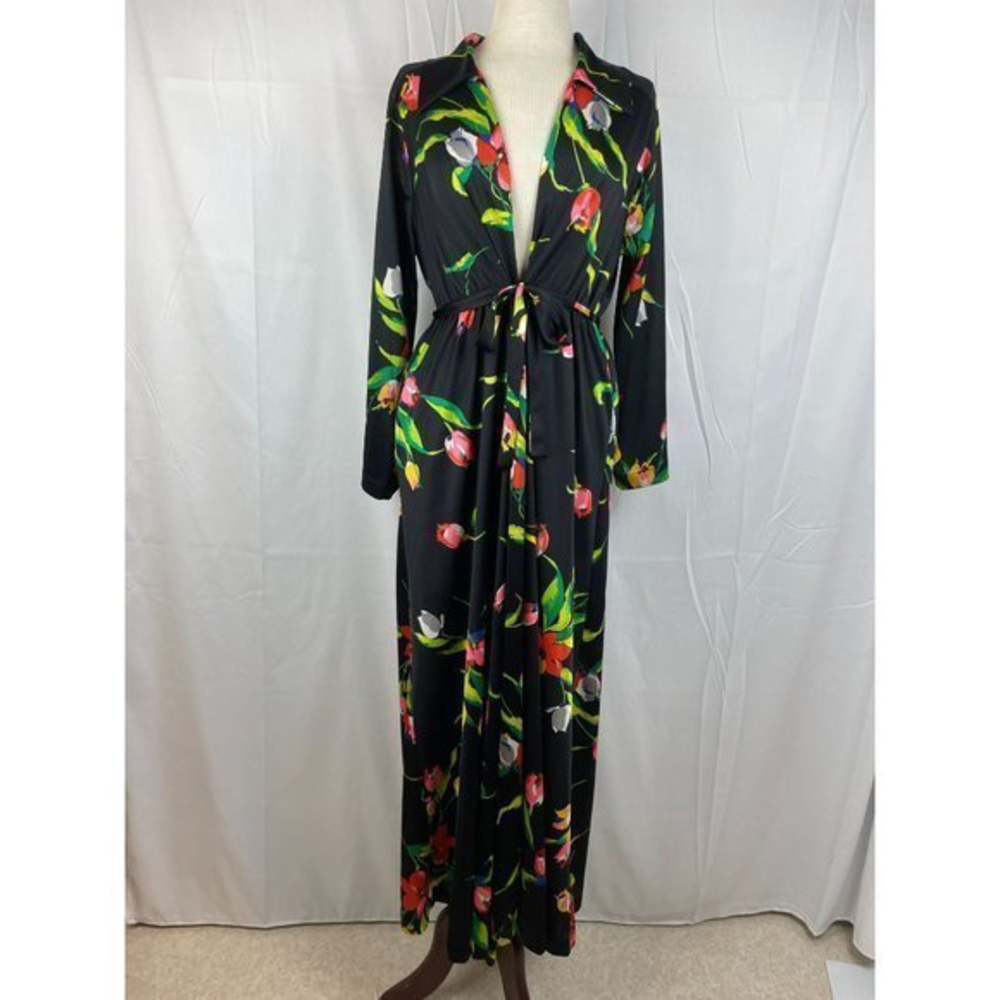 Vintage 60s 70s Komar Black Tulip Floral Print Satin Polyester Robe Womens Large